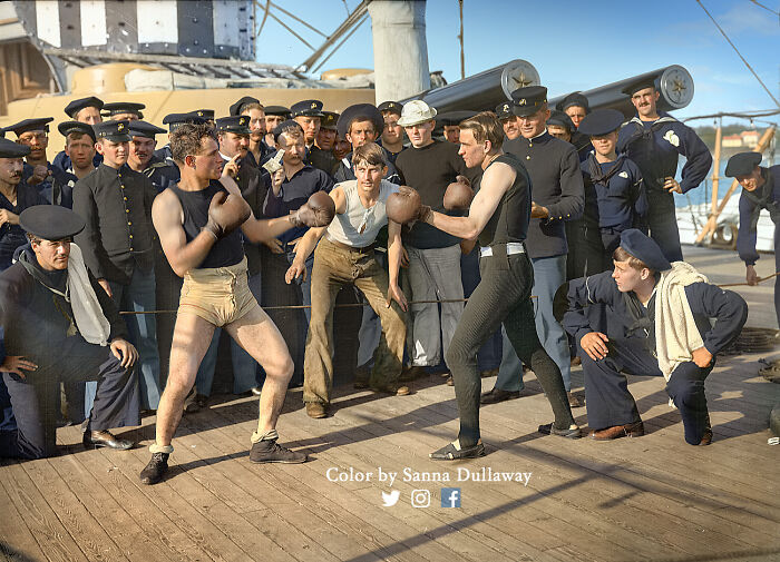 colorized photos from history - Boxing Aboard The U.s.s. New York In The Year 1899