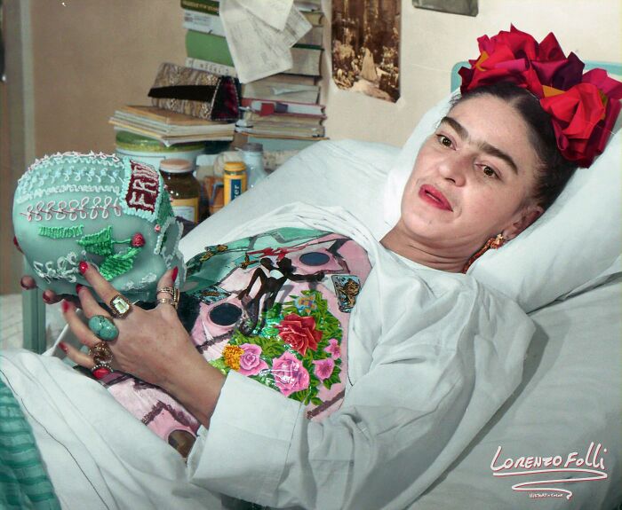 colorized photos from history - Frida Kahlo Keeps A Sugar Skull, 1951.