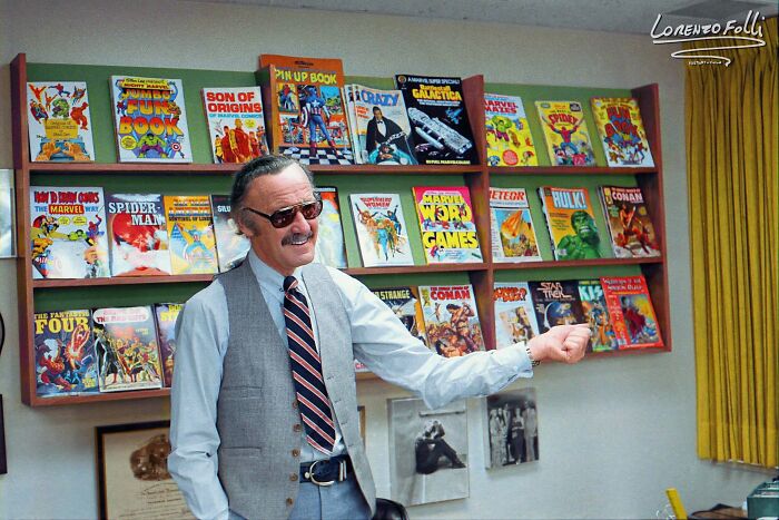 colorized photos from history - Stan Lee, Head Of Marvel Comics, Shown In His Offices At 575 Madison Ave., NYC. 1/3/1980.