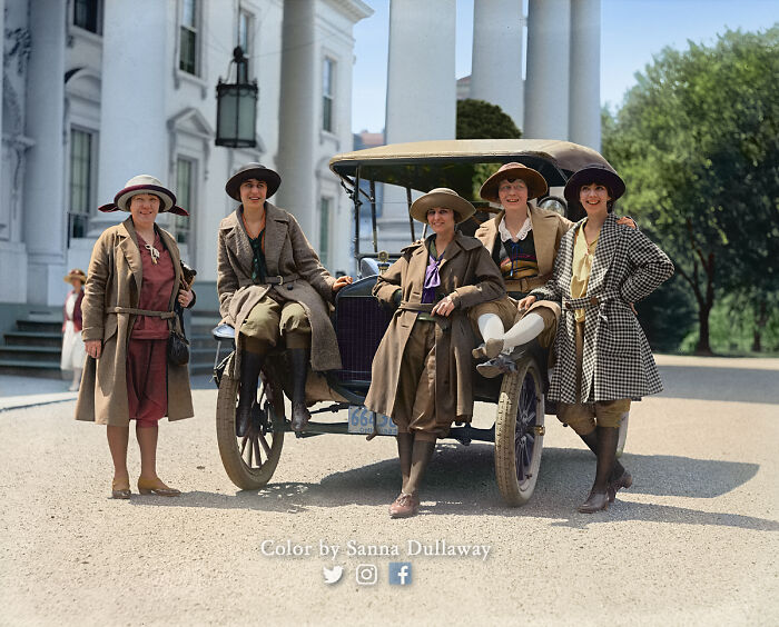 colorized photos from history - Group Of Women With Their Automobile Outside The White House, In The Year 1922