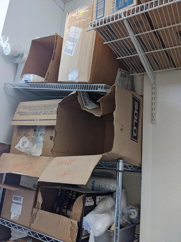 Thanks to the store owners’ refusal to spend any money until the last minute, we now have load bearing cardboard boxes.