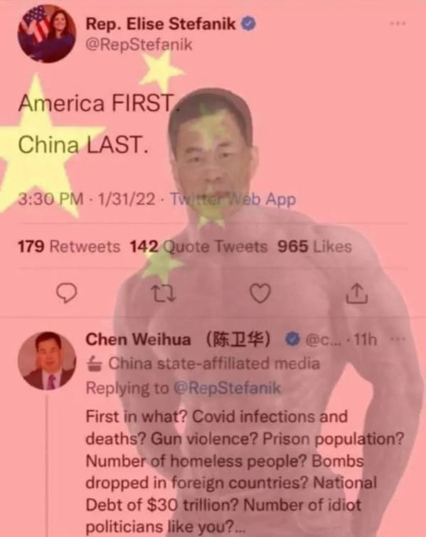 funny comebacks and comments - chen weihua meme - Mi Rep. Elise Stefanik America First China Last. 13122 Twitter Web App 179 142 Quote Tweets 965 22 Chen Weihua 1 ...11h China stateaffiliated media First in what? Covid infections and deaths? Gun violence?