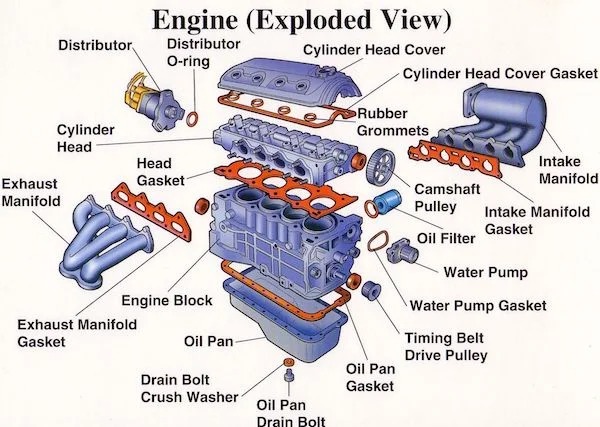Interesting Charts and Maps - engine exploded view - Distributor Cylinder Head Exhaust Manifold Engine Exploded View Distributor Oring Cylinder Head Cover Head Gasket Engine Block Exhaust Manifold Gasket Oil Pan Drain Bolt Crush Washer Oil Pan Drain Bolt 