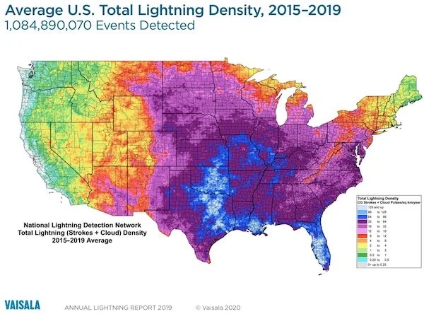 Interesting Charts and Maps - us lightning strikes - Average U.S. Total Lightning Density, 20152019 1,084,890,070 Events Detected National Lightning Detection Network Total Lightning Strokes Cloud Density 20152019 Average Vaisala Annual Lightning Report 2
