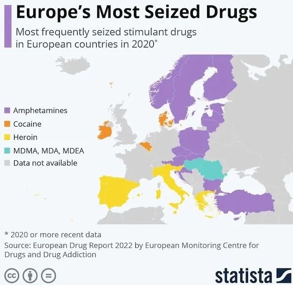 Interesting Charts and Maps - europe map clip art - Europe's Most Seized Drugs Most frequently seized stimulant drugs in European countries in 2020 Amphetamines Cocaine Heroin Mdma, Mda, Mdea Data not available 2020 or more recent data Source European Dru