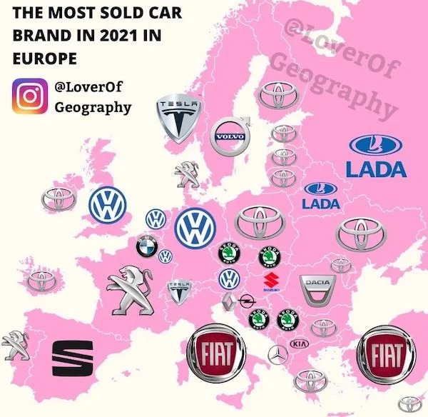 Interesting Charts and Maps - russian terriotory in europe - The Most Sold Car Brand In 2021 In Europe Geography H S Tesla J W Volvo Fiat Z Suzuso Of Geography Lada Dacia Kia Lada Fiat