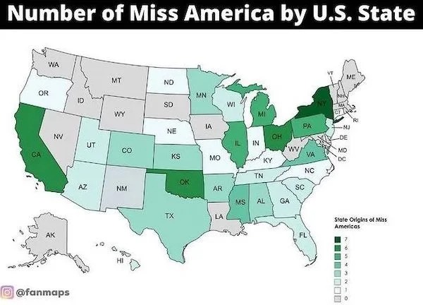 Interesting Charts and Maps - school bus seat belt laws - Number of Miss America by U.S. State Wa Or Ca Nv Ak King Az Ut ,0 Mt Wy Co Nm 13 Hi No Sd Ne Ks Tx Ok Mn Ia Mo Ar La Wi Mi Il In Tn Ch Ky Wv Ms Al Ga Pa Va Nc Sc Fl Nh Ara Me Nj De Md Dc State Orig