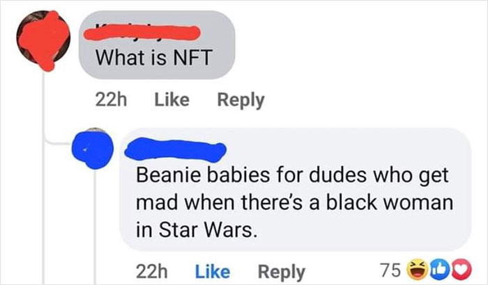 Comment roasts - What is Nft 22h Beanie babies for dudes who get mad when there's a black woman in Star Wars.