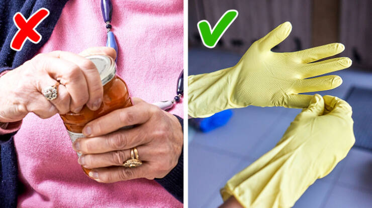 Here’s a safer and more effective way to open a tight jar on your own: use a rubber glove. The rubber features a sturdy grip and makes it easier and more comfortable for your hands when pressing against the metal lid. Just make sure that the gloves are clean and dry.