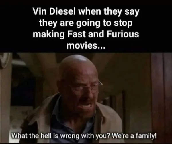 dank memes - we re done when i say we re done meme - Vin Diesel when they say they are going to stop making Fast and Furious movies... What the hell is wrong with you? We're a family!