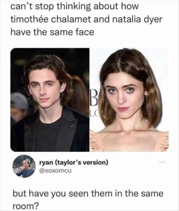 dank memes - timothee chalamet meme - can't stop thinking about how timothe chalamet and natalia dyer have the same face Bau Lo ryan taylor's version but have you seen them in the same room?