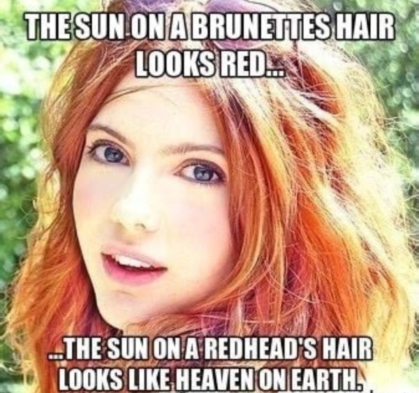 funny and naughty memes for adults - brunette memes - The Sun On A Brunettes Hair Looks Red... ...The Sun On A Redhead'S Hair Looks Heaven On Earth.