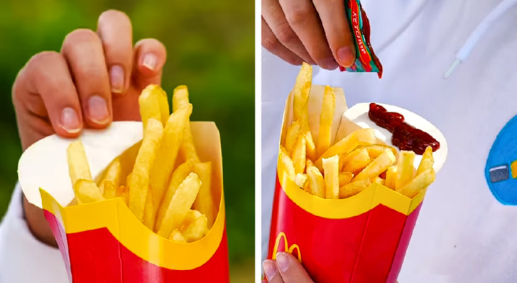 Sometimes genius designs are hiding in plain sight, but we tend to overlook them, especially when we’re hungry. If you take a second look, you’ll notice that the bendable flap on the French fry box can be turned into a ketchup holder. Just press and fold it outward and use it as a plate for the sauce of your choice.