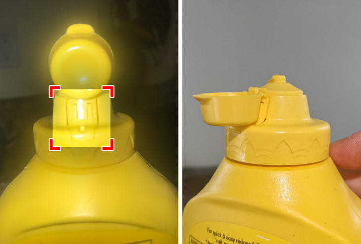 Some mustard manufacturers show that they really care for their customers by adding super practical features to their containers. This Frenchie’s mustard bottle has a ’’secret’’ hinge with a small nub that can be used to hold the cap in place so that it doesn’t catch any of the mustard while squeezing it out. Simply open the cap and push it back until it hits the nub and is safely blocked.
