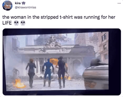 savage tweets - kira the woman in the stripped tshirt was running for her Life