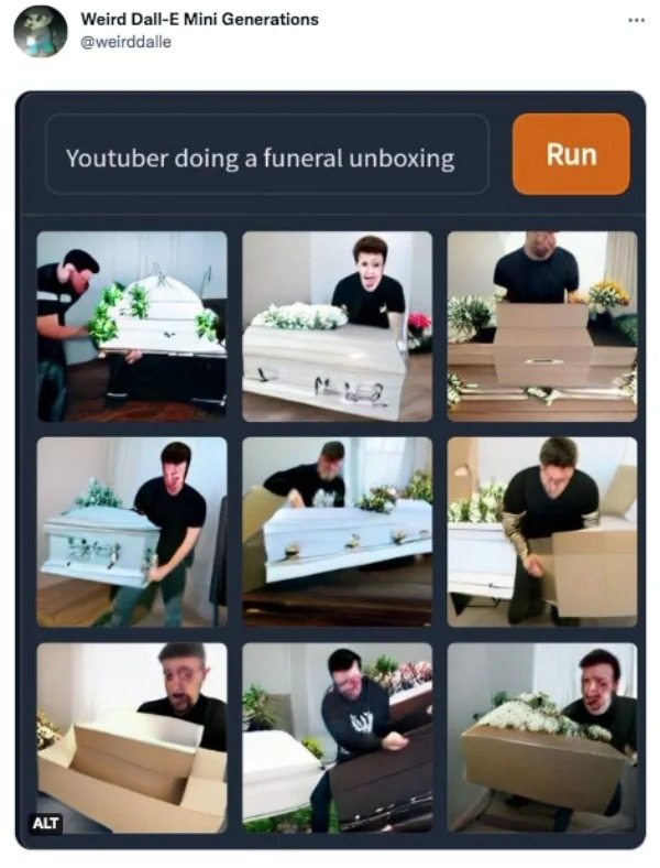 savage tweets - youtuber doing funeral unboxing - Alt Weird DallE Mini Generations Youtuber doing a funeral unboxing B Run