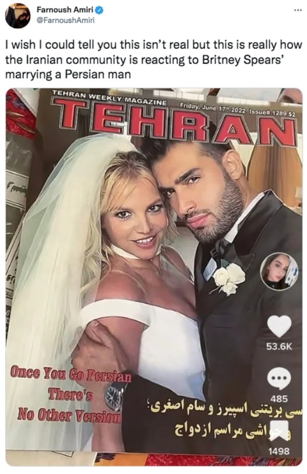 savage tweets - britney spears persian magazine - Fo Farnoush Amiri I wish I could tell you this isn't real but this is really how the Iranian community is reacting to Britney Spears' marrying a Persian man Tehran Weekly Magazine 501 Once You Go Persian T
