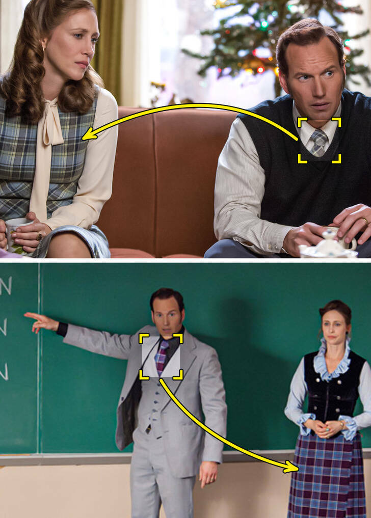 In The Conjuring, costumes worn by the couple Ed and Lorraine Warren have the same tone and pattern. For example, Ed’s tie and Lorraine’s skirt. Maybe they’re meant to reflect the connection that the couple had.