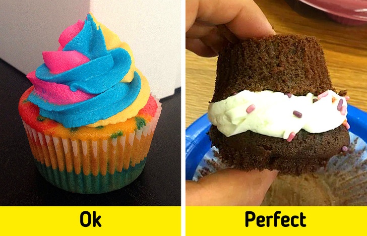 To avoid getting all the frosting on your nose, the right way to eat a cupcake is to cut it in a half. Place the bottom at the top and eat it like a sandwich.