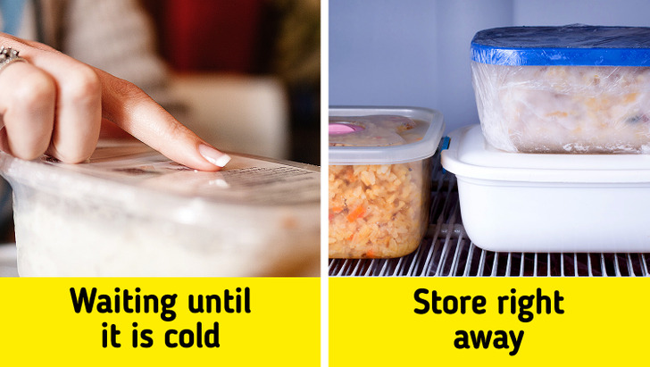 We normally wait for food to cool before putting it in the fridge, but according to the USDA Food Safety and Inspection Service, food should not spend more than 2 hours out of the fridge. Instead, separate large batches of food into smaller containers to cool it quickly and store it immediately.