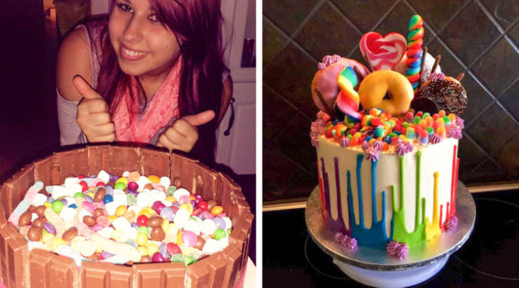 “My first-ever crazy candy cake vs one of my latest ones”