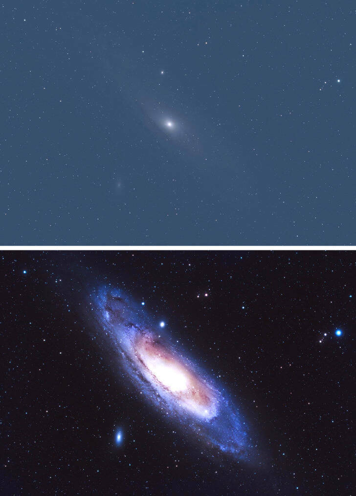 “Before and after processing the Andromeda Galaxy from my backyard”“The image is processed to remove light pollution, color balance, and boost faint details. Nothing artificial is added. You could literally input the before picture into nearly any image editor and arrive at the second image. The trick is that the first image is absolutely massive, nearly half a gig large and full of faint details.”