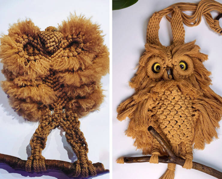“The first macrame owl I made vs my most recent one”