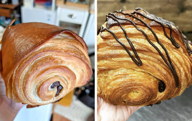 “My first ever attempt at making pain au chocolate a year ago vs now”