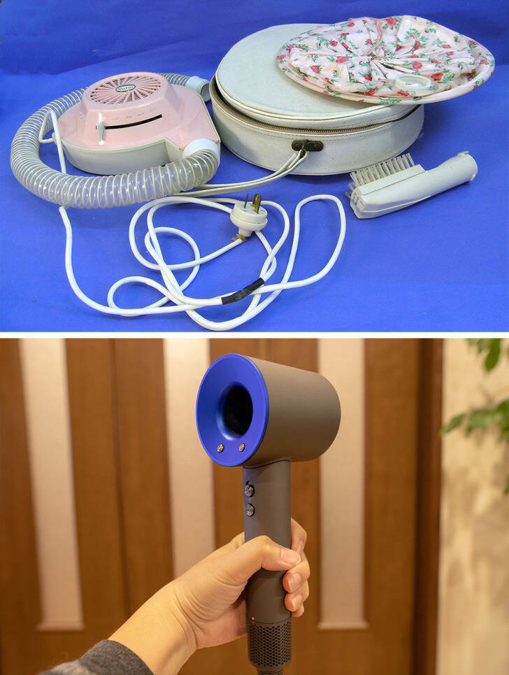 "A hair dryer in 1958 and in 2019"