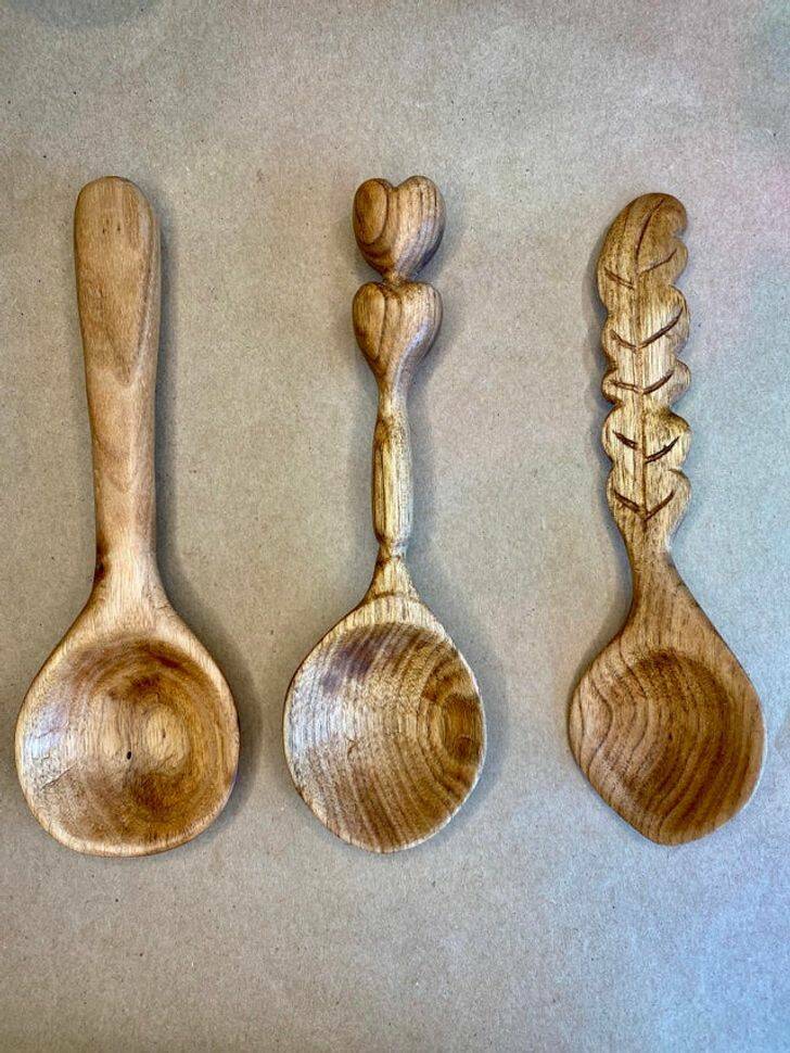 “Spoon carving progression: my first spoon is on the left, and my latest one is on the right.”