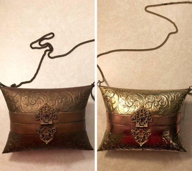 “The before and after results of cleaning and polishing an old purse of my mom’s from the ’80s!”