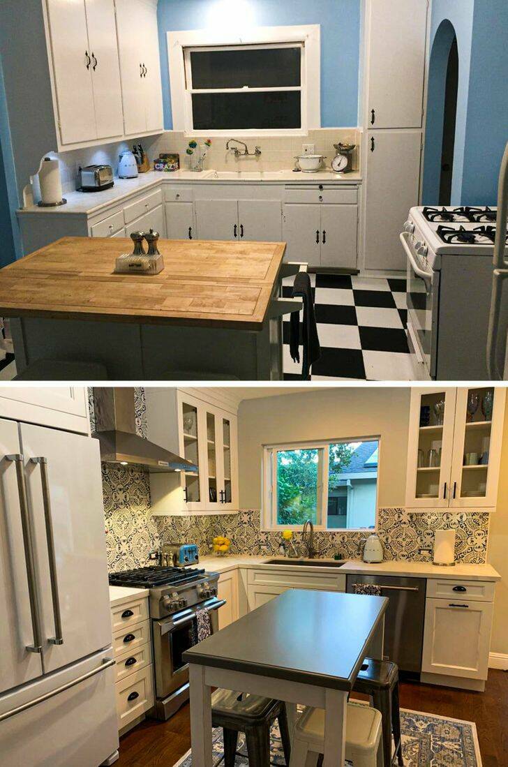 “Our kitchen before and after remodeling.”