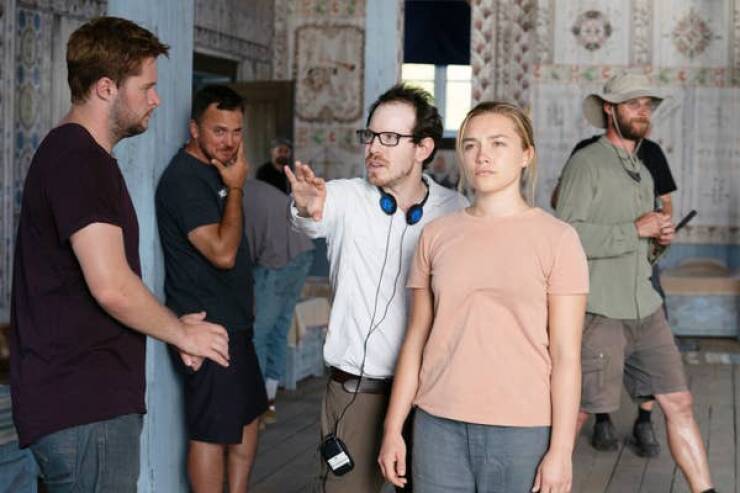 behind the scenes movies - Jack Reynor, director Ari Aster, and Florence Pugh feel out some floral settings while filming Midsommar (2019).