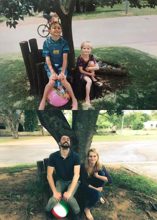 22 years difference. We were visiting our old hometown and noticed these poles were still in front of our childhood home. The tree grew up good too