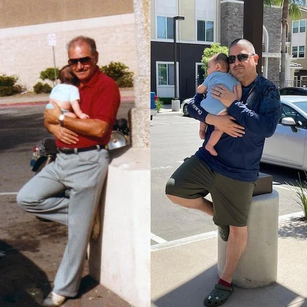 Me with my dad and me with my first son 39 years apart.