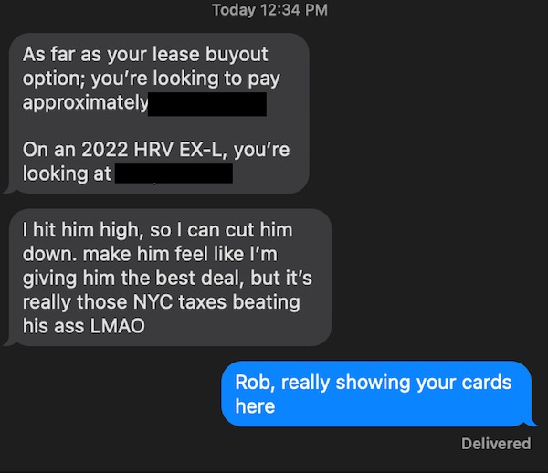 cringe lords - multimedia - Today As far as your lease buyout option; you're looking to pay approximately On an 2022 Hrv ExL, you're looking at I hit him high, so I can cut him down. make him feel I'm giving him the best deal, but it's really those Nyc ta