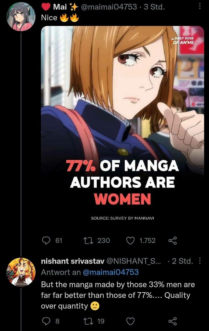neckbeards - 77 of manga authors are female - Bro Beng Mai 04753 3 Std. Nice 61 77% Of Manga Authors Are Women Source Survey By Mannavi 8 230 Daily Dose Of An'Me 1.752 shant srivastav ... 2 Std. Antwort an But the manga made by those 33% men are far far b
