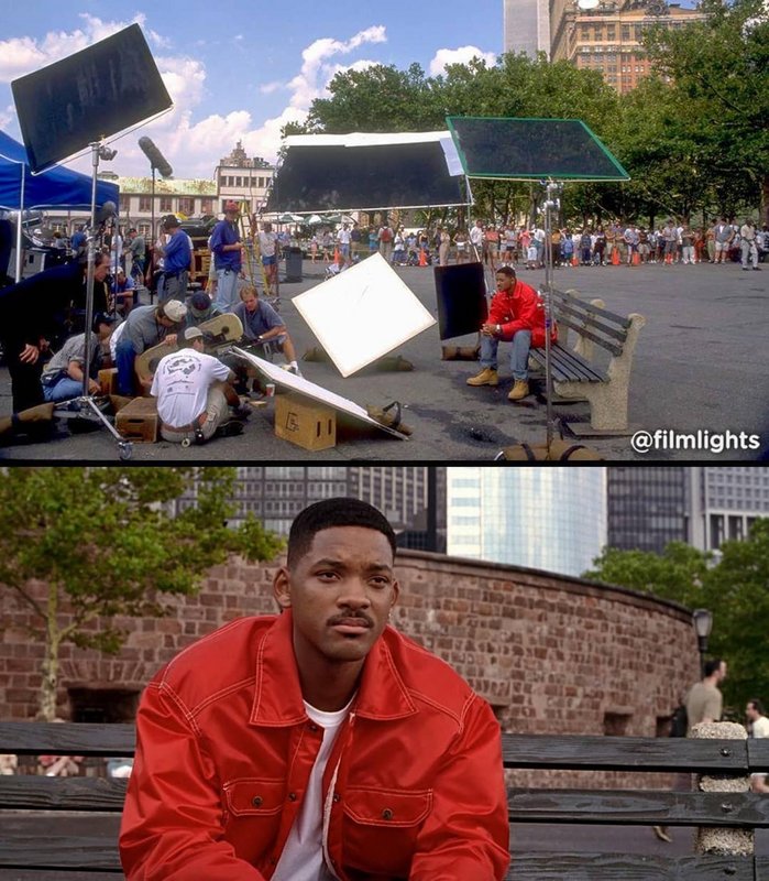 fascinating pics --  Men in Black (1997) – All the work that goes into capturing a shot of Will Smith sitting on a bench.
