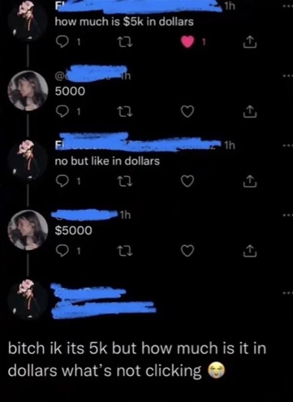 impressively stupid people - screenshot - F how much is $5k in dollars 91 22 5000 1 th $5000 91 22 F no but in dollars 22 1h 1h 1h bitch ik its 5k but how much is it in dollars what's not clicking