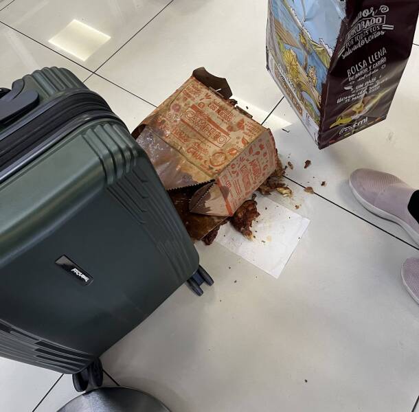 "Bought Fried Chicken at airport then as I was boarding, the bag ripped from bottom side and the box landed upright at first but ripped in the same manner when I picked it up"