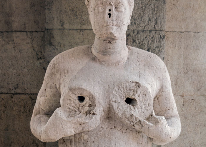 of the Fontana delle Tette in Treviso, North Italy, a XVI century topless statue of a woman sprinkling water from each nipple. During celebrations, it spouts red and white wine, free to drink.