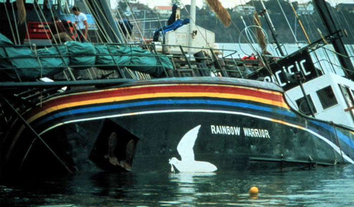 French secret service agents bombed the Greenpeace ship "Rainbow Warrior in order to stop Greenpeace from disrupting underwater nuclear testing in 1985.