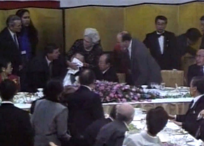 that Pres. George HW Bush vomited on the lap of Japanese PM Kiichi Miyazawa during a 1992 state banquet. The incident caused a wave of late night TV jokes & ridicule, even coining Busshu-suru meaning "to do the Bush thing or bushing it". It was also spoofed in the film "Hot Shots! Part Deux."