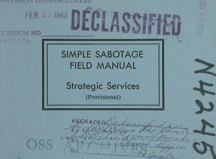 that during World War II, the United States published a spy manual urging middle managers in enemy territory to sabotage their employers by bringing up irrelevant issues, promoting bad workers, haggling over petty details, and holding unnecessary meetings.