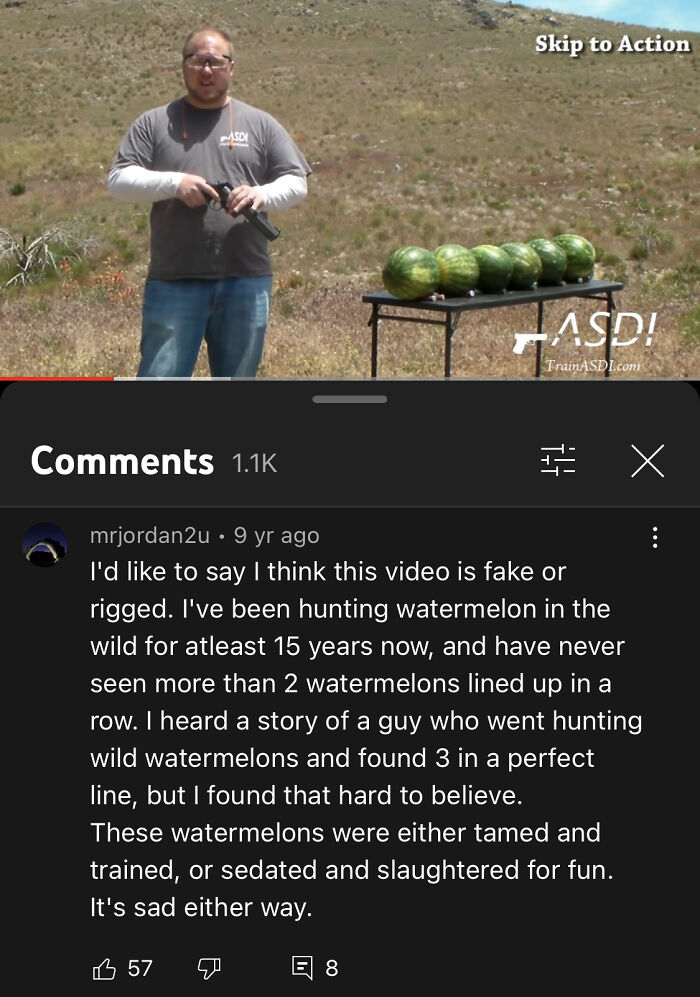 Youtube Comments - grass -I'd to say I think this video is fake or rigged. I've been hunting watermelon in the wild for atleast 15 years now, and have never seen more than 2 watermelons lined up in a row. I h