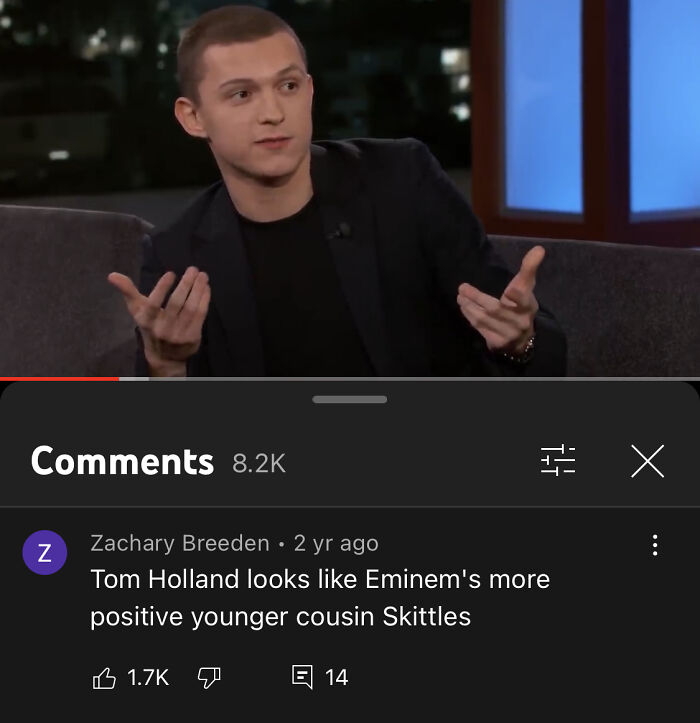 Youtube Comments - photo caption -Tom Holland looks Eminem's more positive younger cousin Skittles