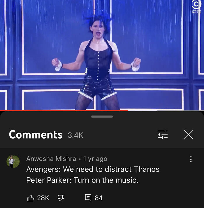 Youtube Comments - Avengers We need to distract Thanos Peter Parker Turn on the music.