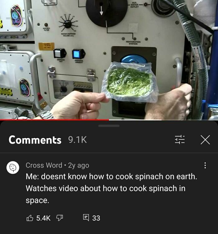 Youtube Comments - Me doesnt know how to cook spinach on earth. Watches video about how to cook spinach in space.