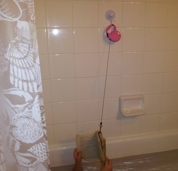 “Never drop a book on the bath again. My 8-year-old daughter’s invention.”