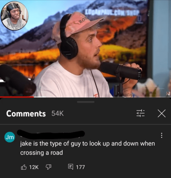 savage insults hot takes - photo caption - 54K Jm Ro 12K Loganpaul.Com Shop U jake is the type of guy to look up and down when crossing a road 177 # X 531